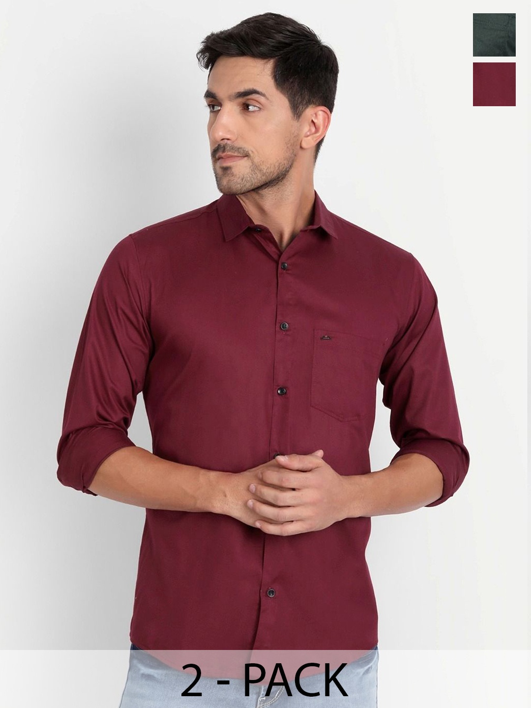 

Tanip Men Pack Of 2 Spread Collar Solid Cotton Casual Shirts, Maroon