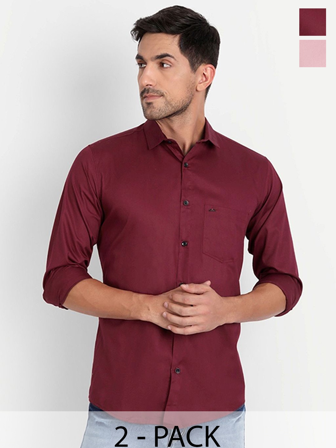 

Tanip Men Pack Of 2 Spread Collar Solid Cotton Casual Shirts, Maroon