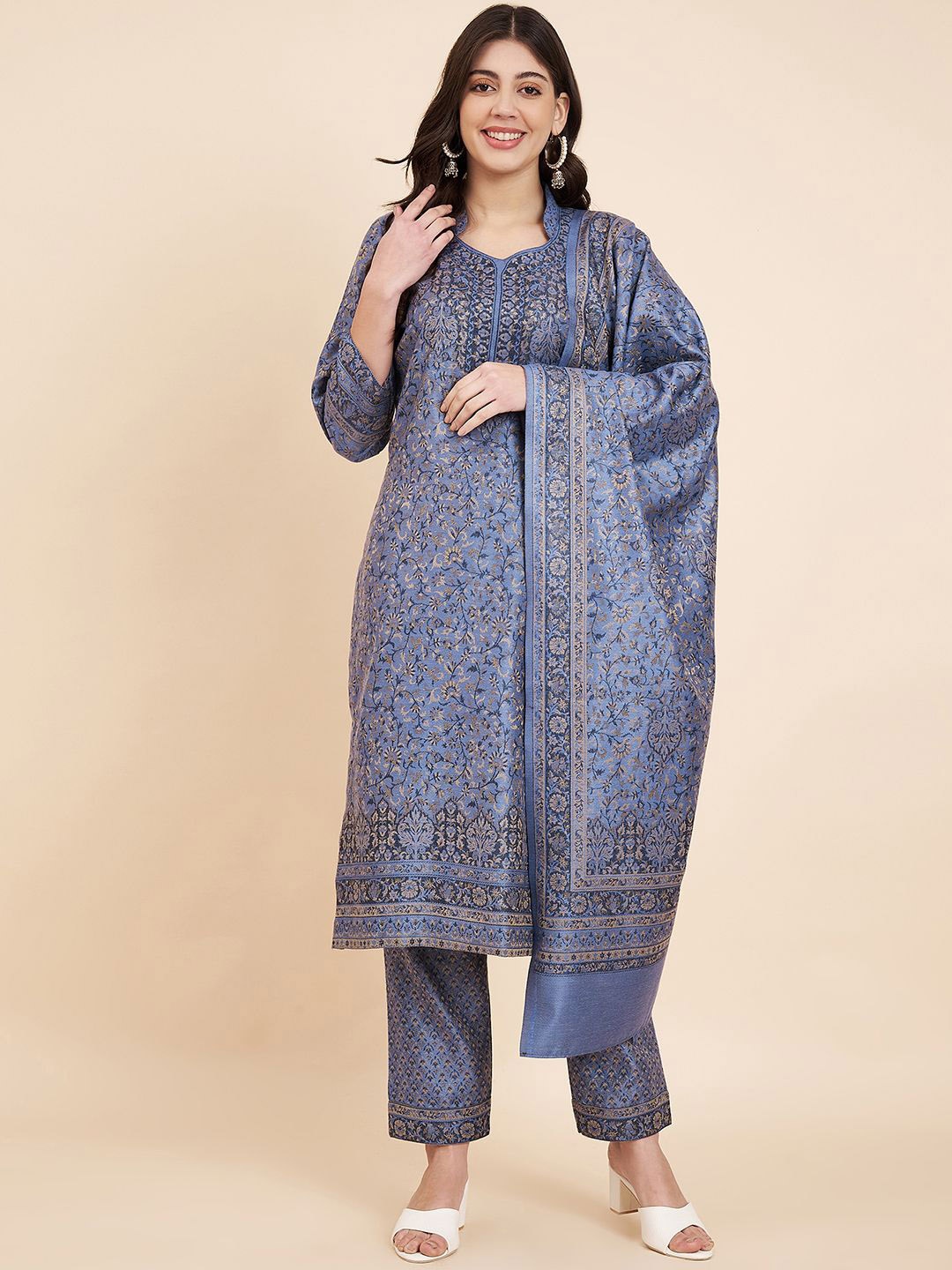 

Zamour Floral Woven Design Unstitched Dress Material, Blue