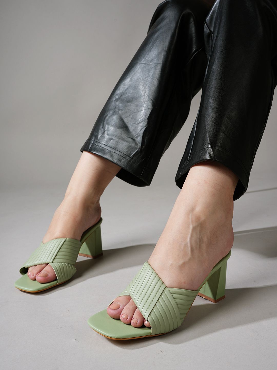 

Mast & Harbour Women Textured Block Heel Sandals, Green