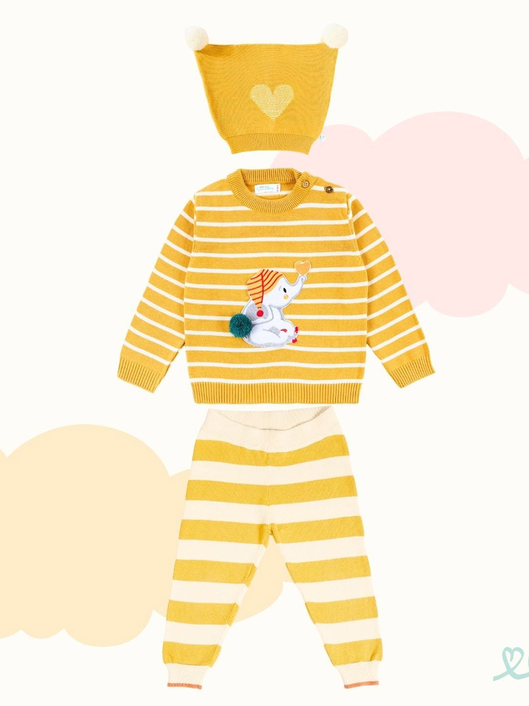 

Greendeer Unisex Kids Striped Pure Cotton Sweatshirt With Joggers & Cap, Mustard