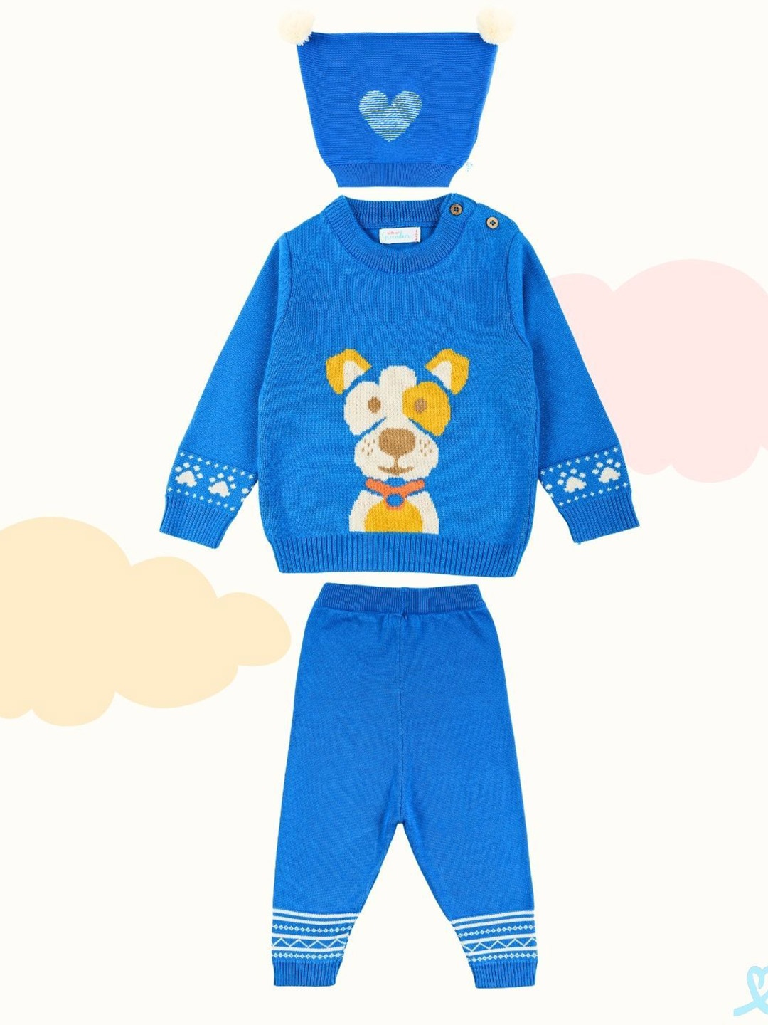 

Greendeer Unisex Kids Woven Design Pure Cotton Sweatshirt With Joggers & Cap, Blue