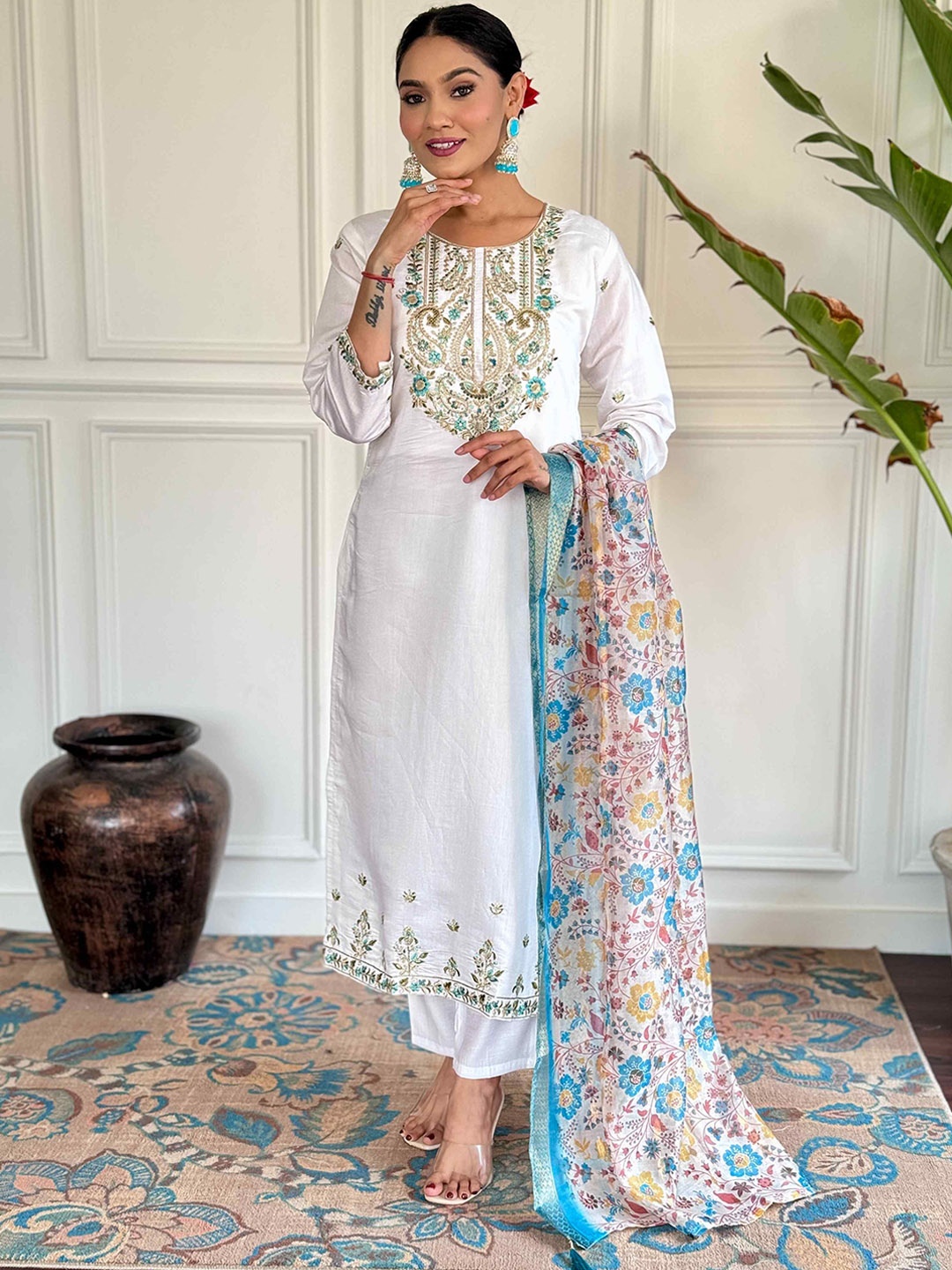 

HERE&NOW Ethnic Motifs Embroidered Kurta with Trousers & Dupatta, Blue