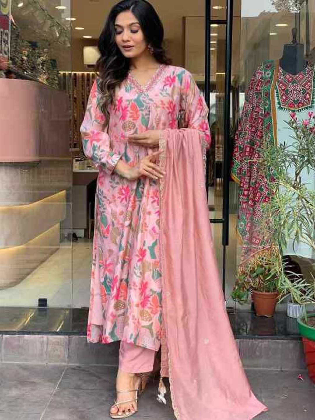 HERE&NOW Floral Printed Anarkali Kurta With Trousers & Dupatta, Pink