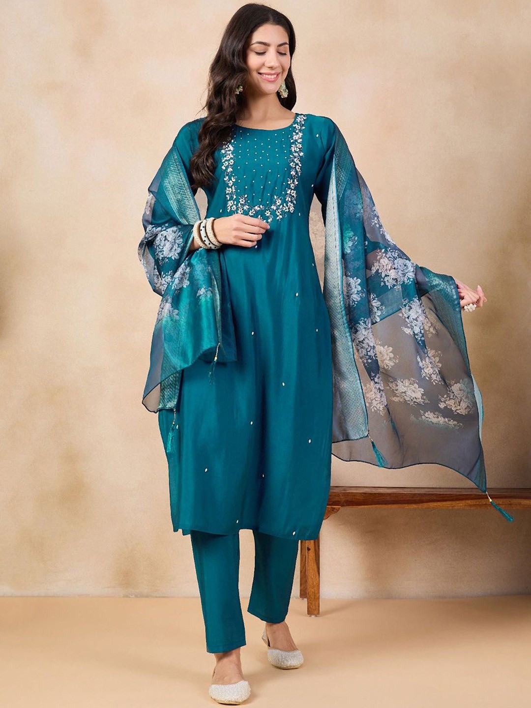 

HERE&NOW Ethnic Motifs Embroidered Kurta with Trousers & With Dupatta, Blue