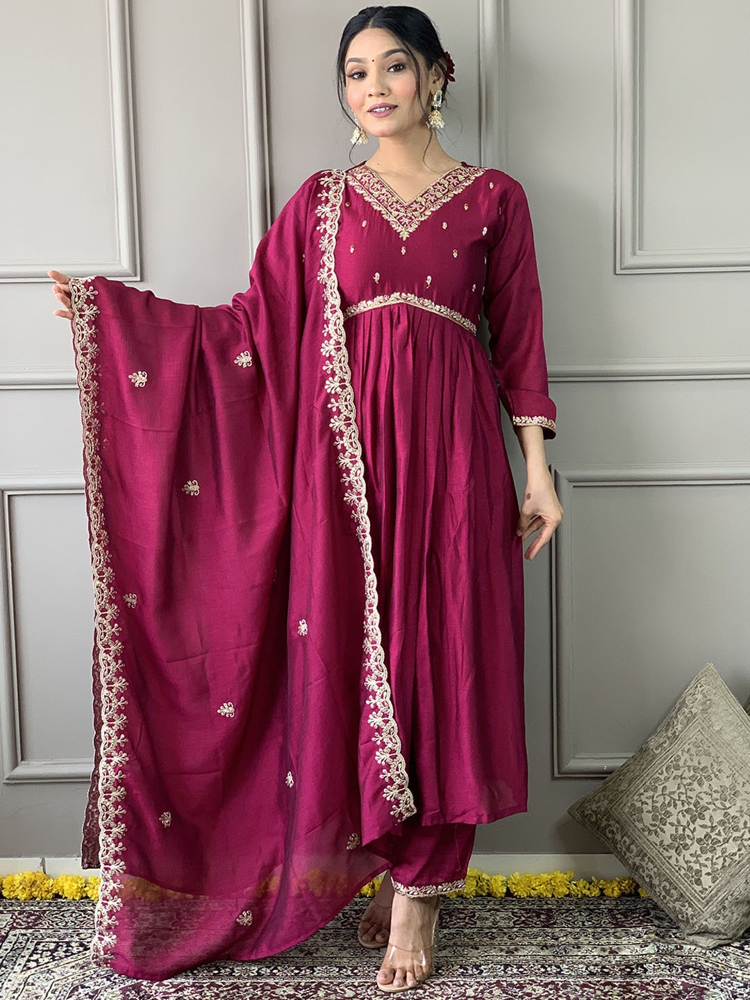 

HERE&NOW Ethnic Motifs Embroidered Kurta with Trousers & Dupatta, Maroon