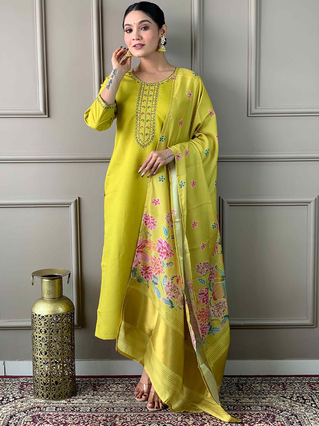 

HERE&NOW Ethnic Motifs Yoke Design Kurta with Trousers & Dupatta, Mustard