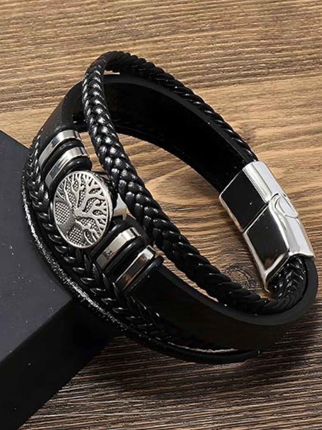 

MEENAZ Men Silver-Plated Stainless Steel Leather Multistrand Bracelet
