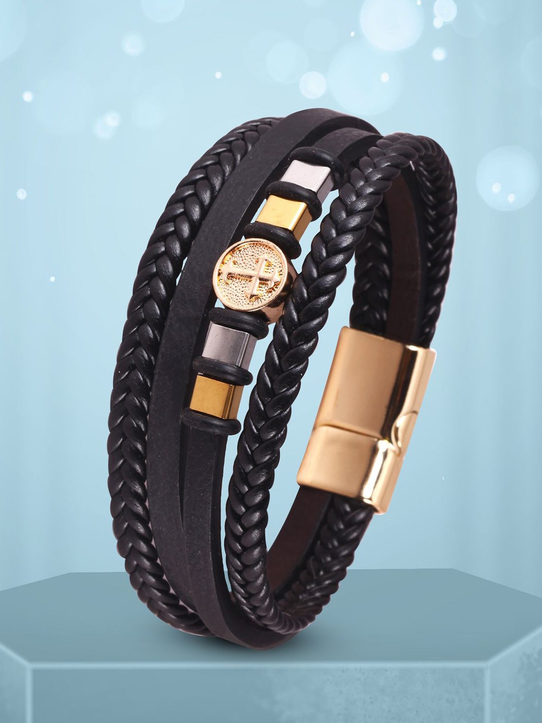 

MEENAZ Men Gold-Plated Stainless Steel Antique Multistrand Bracelet, Black