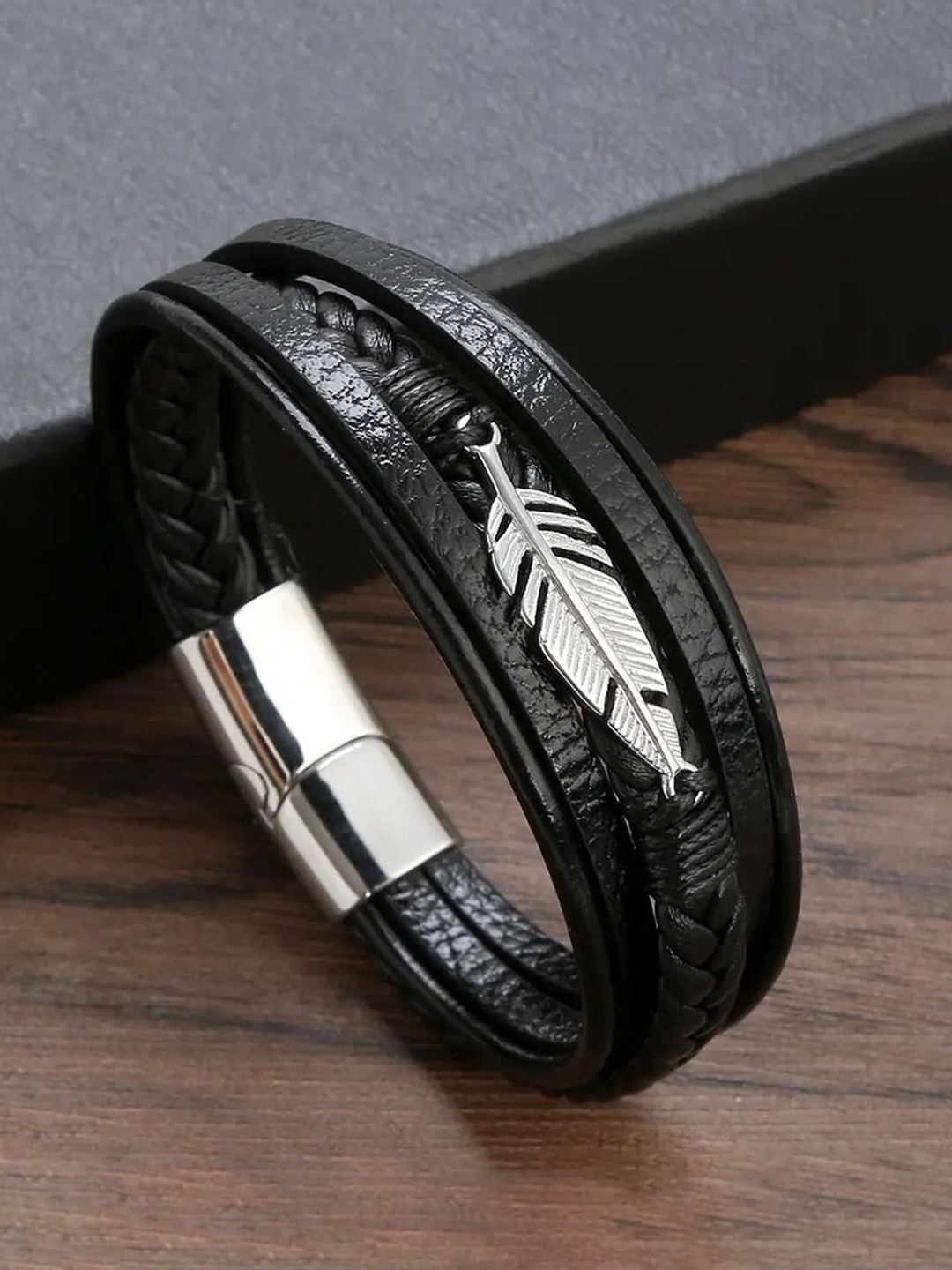 

MEENAZ Men Silver-Plated Stainless Steel Leather Multistrand Bracelet