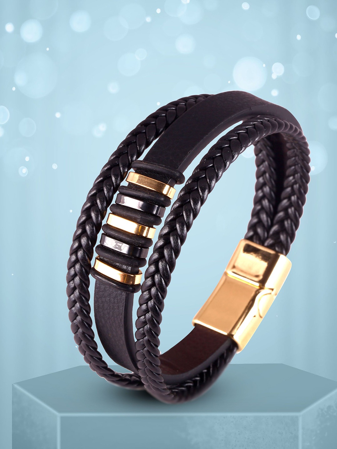 

The Roadster Lifestyle Co. Men Gold Plated Stainless Steel Multistrand Leather Bracelet