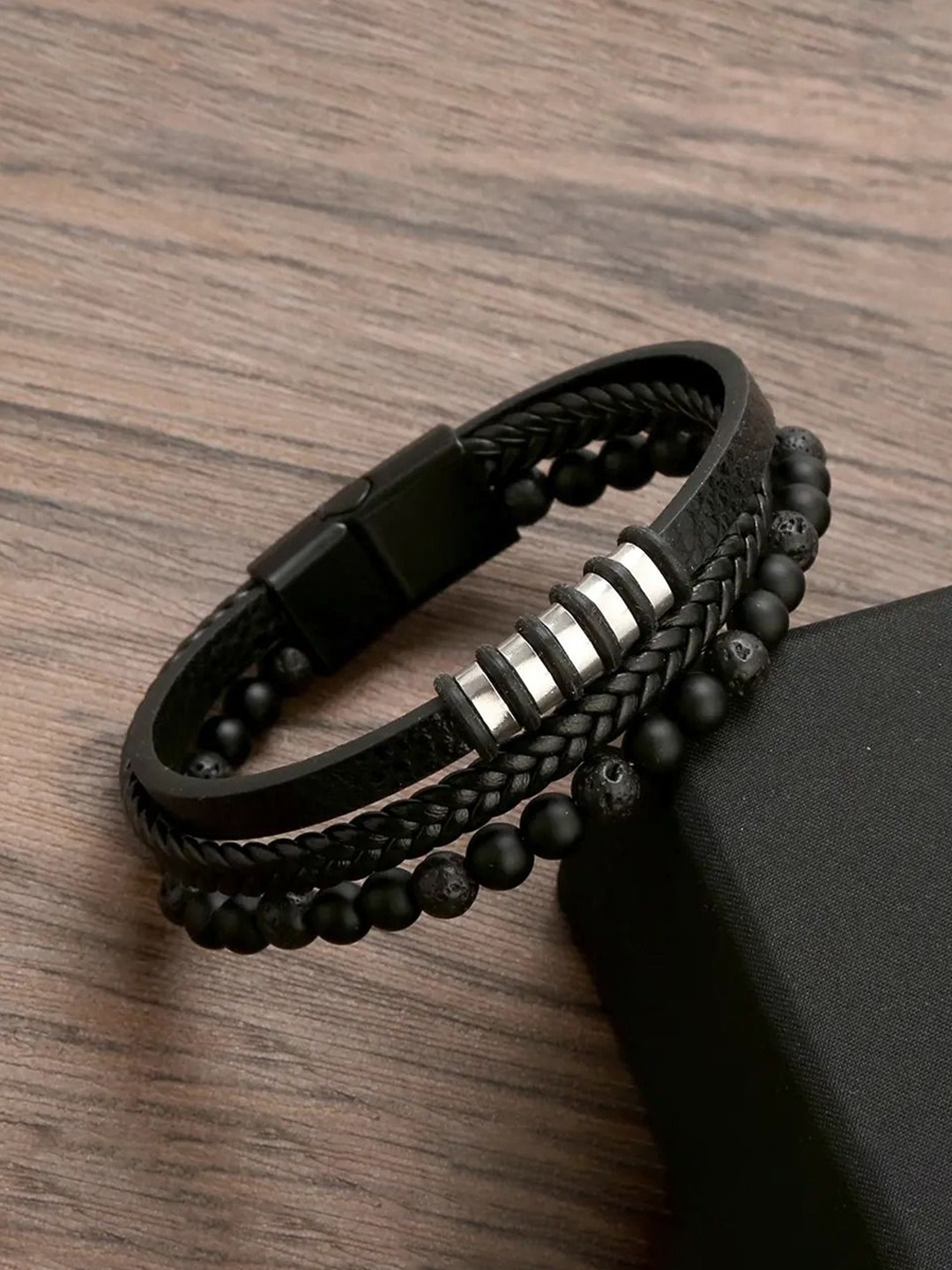 

The Roadster Lifestyle Co. Men Silver-Plated Stainless Steel Leather Multistrand Bracelet, Black