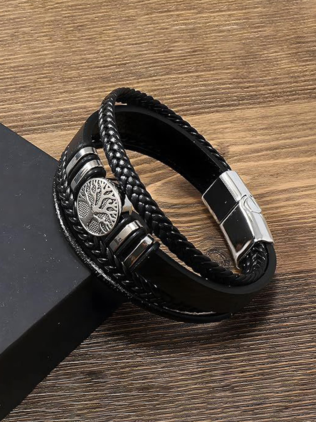 

MEENAZ Men Silver-Plated Stainless Steel Leather Multistrand Bracelet