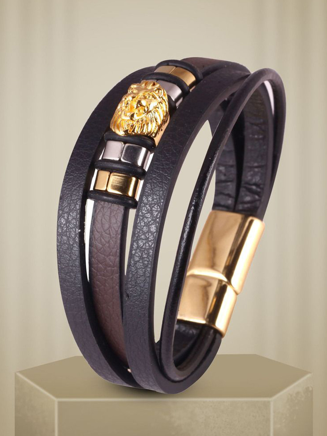 

The Roadster Lifestyle Co. Men Gold Plated Stainless Steel Multistrand Leather Bracelet