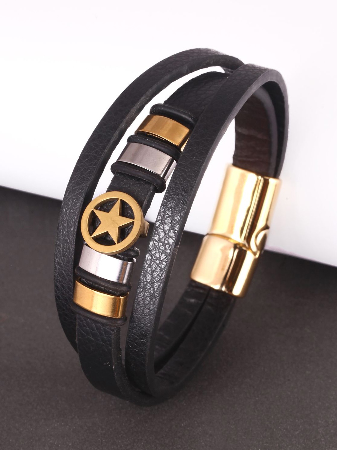 

The Roadster Lifestyle Co. Men Gold Plated Stainless Steel Multistrand Leather Bracelet