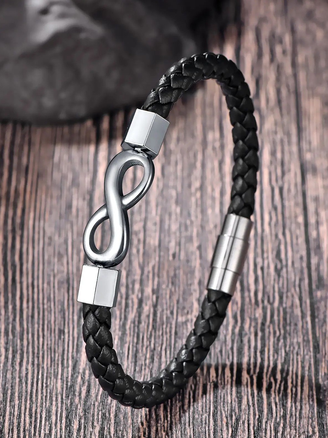 

MEENAZ Men Silver-Plated Stainless Steel Leather Multistrand Bracelet