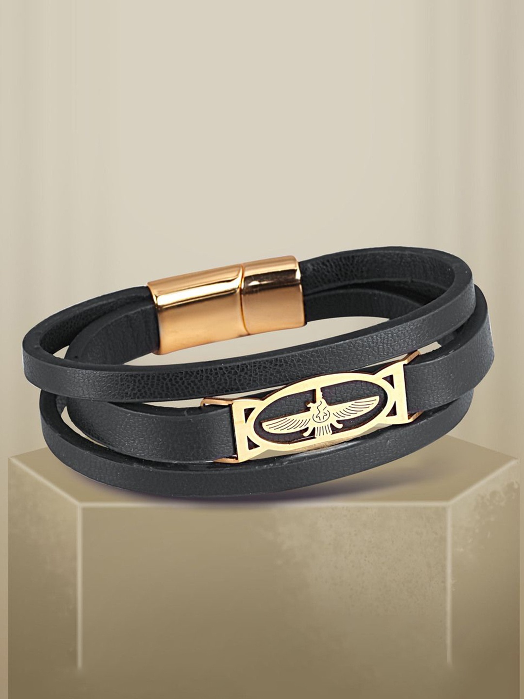 

The Roadster Lifestyle Co. Men Gold Plated Stainless Steel Multistrand Leather Bracelet