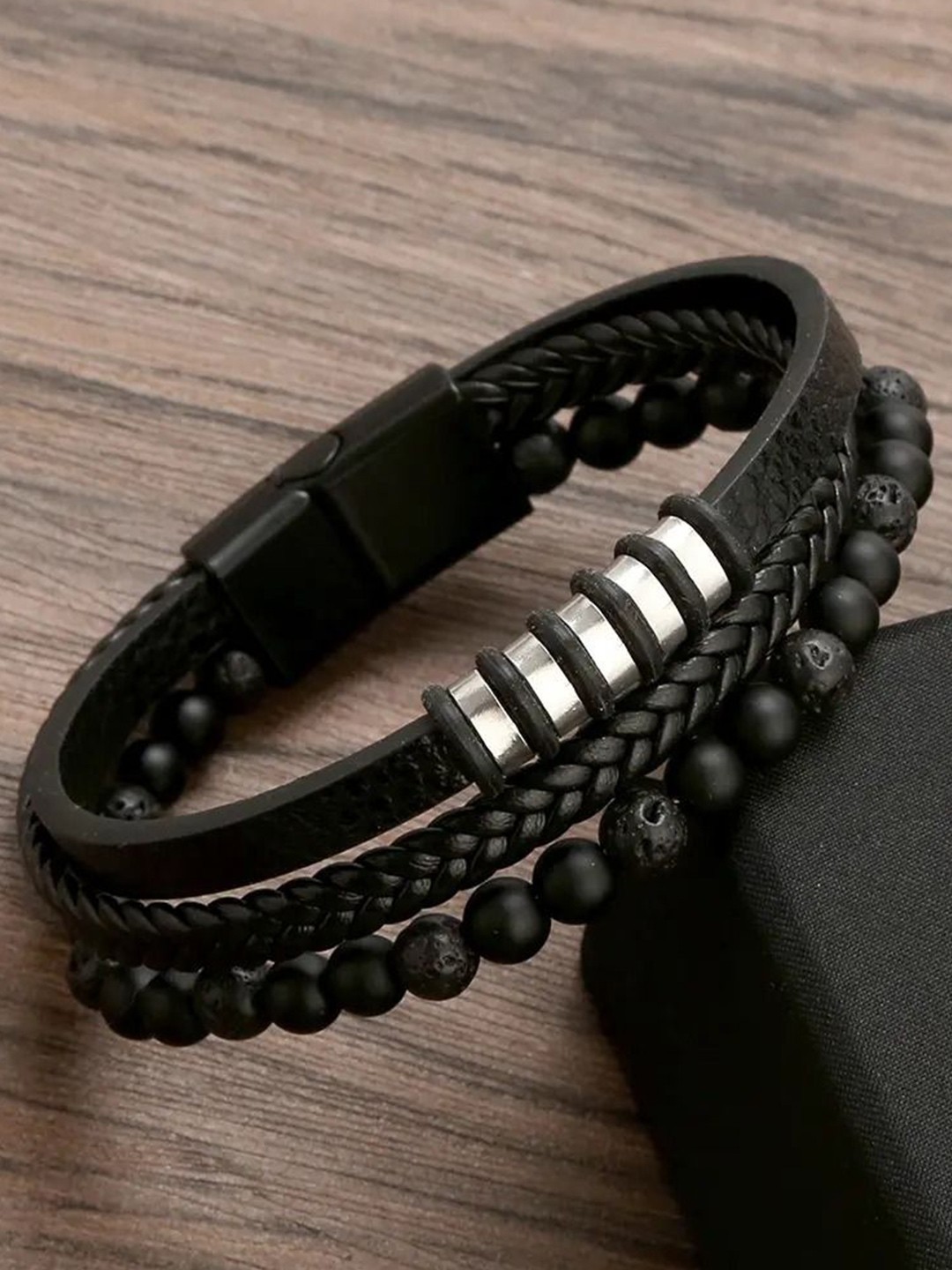 

MEENAZ Men Silver-Plated Stainless Steel Leather Multistrand Bracelet