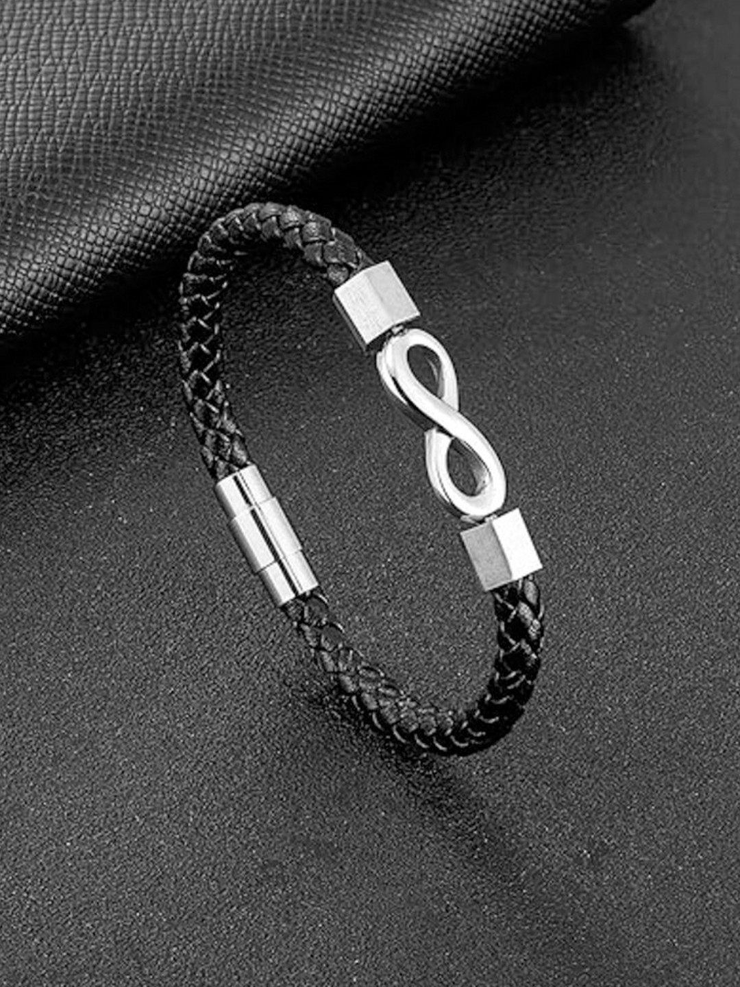 

The Roadster Lifestyle Co. Men Silver-Plated Stainless Steel Wraparound Leather Bracelet