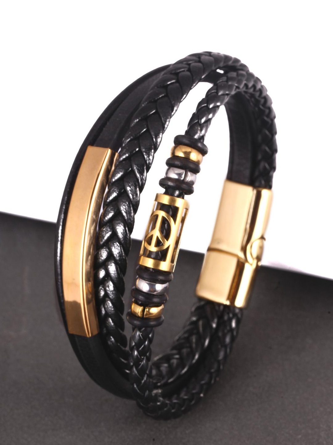 

The Roadster Lifestyle Co. Men Gold Plated Stainless Steel Multistrand Leather Bracelet