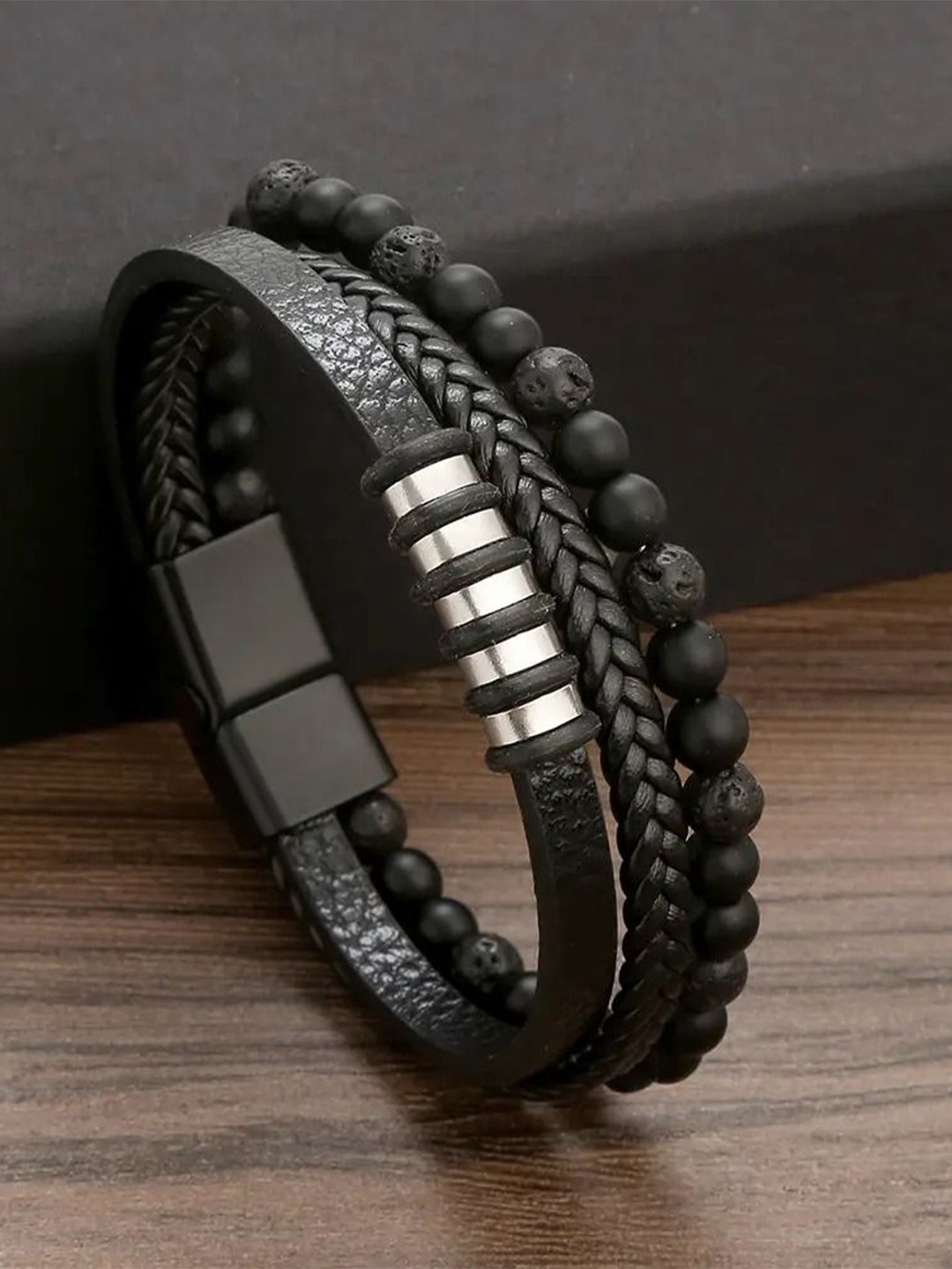 

The Roadster Lifestyle Co. Men Silver Plated Stainless Steel Leather Multistrand Bracelet