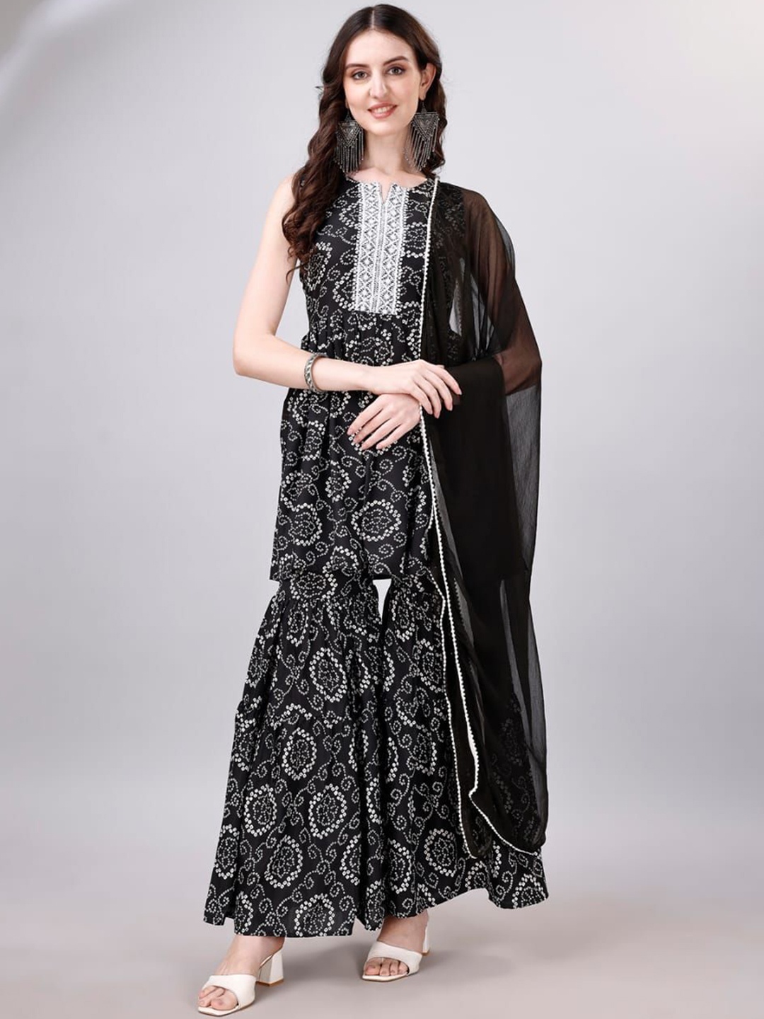 

KALINI Bandhani Printed Thread Work Kurti with Sharara & Dupatta, Black