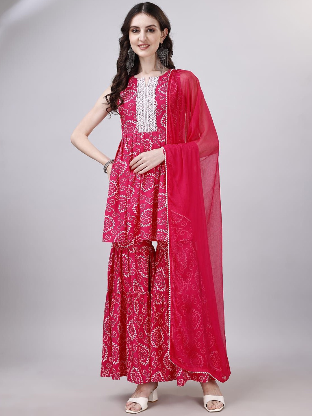 

KALINI Bandhani Printed Gotta Patti Sleeveless A-Line Kurti With Sharara & Dupatta, Pink