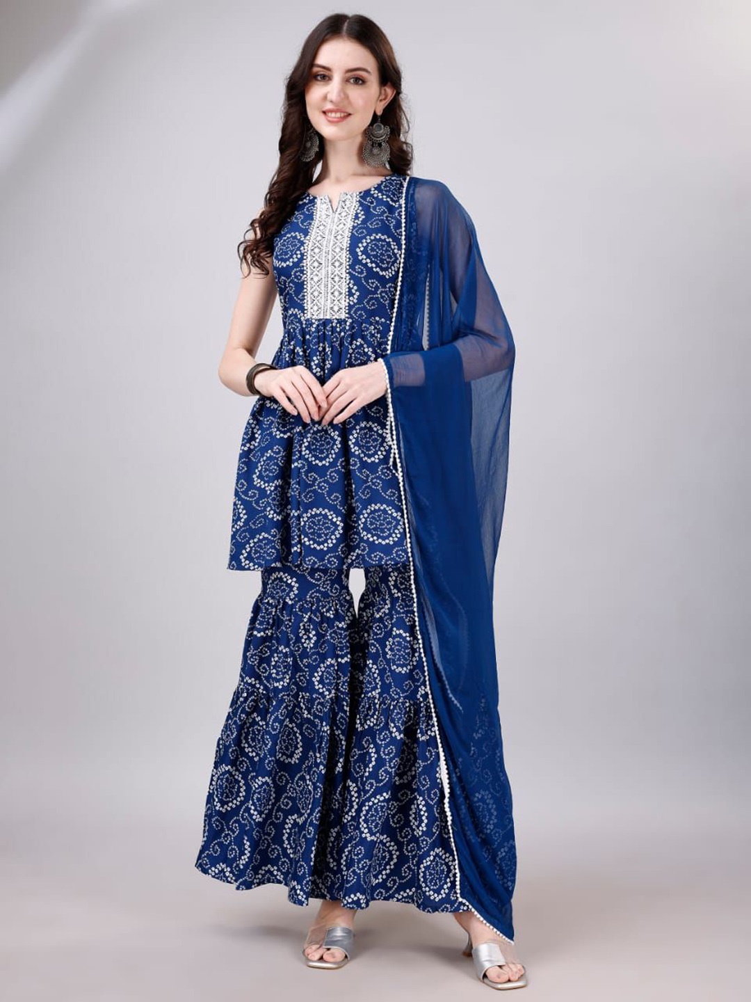 

KALINI Bandhani Printed Mirror Work Kurti With Sharara & Dupatta, Blue