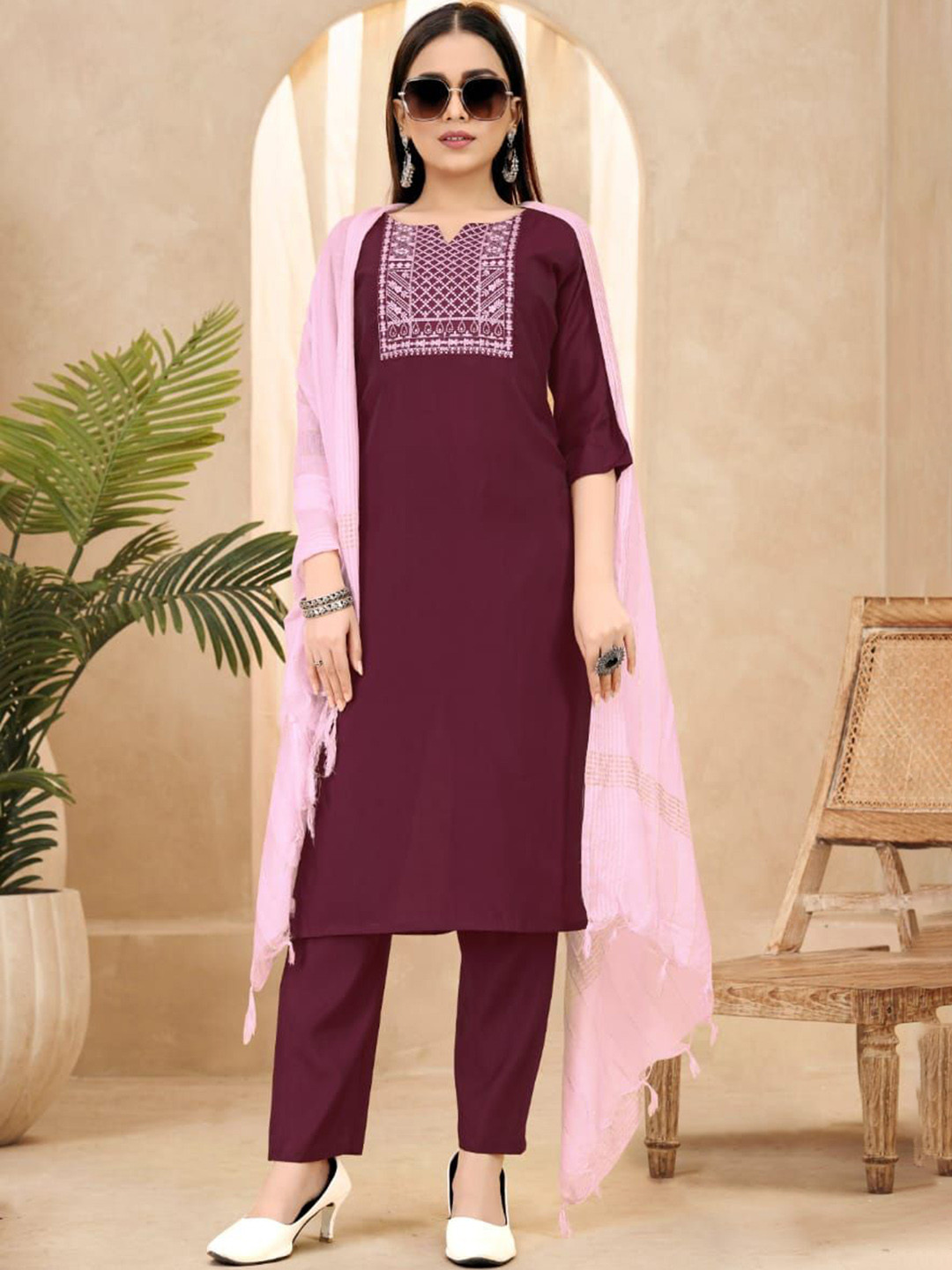 

KALINI Ethnic Motifs Printed Yoke Design Straight Kurta With Trousers & Dupatta, Maroon