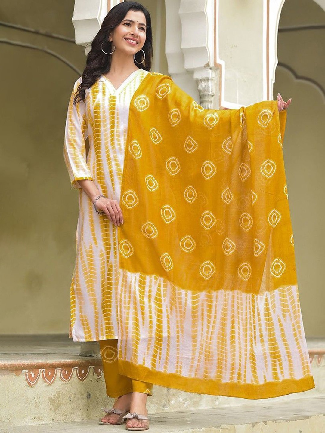 

KALINI Abstract Printed Pure Cotton Straight Kurta with Trouser & Dupatta, Yellow
