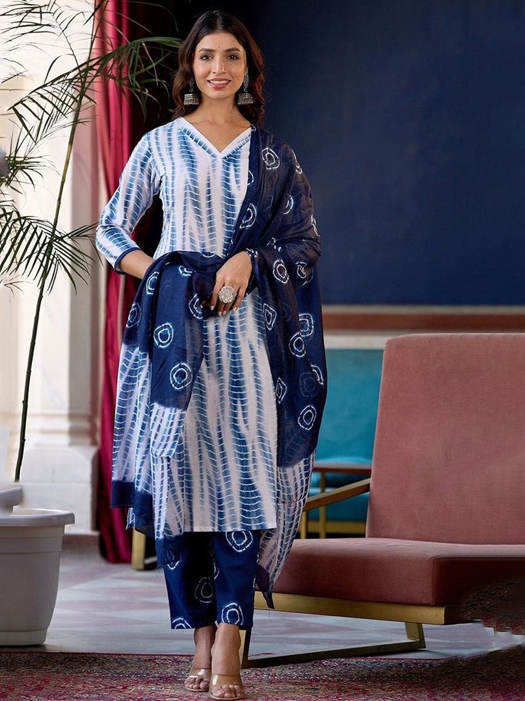 

KALINI Dyed Straight Kurta With Harem Pants & Dupatta, Blue