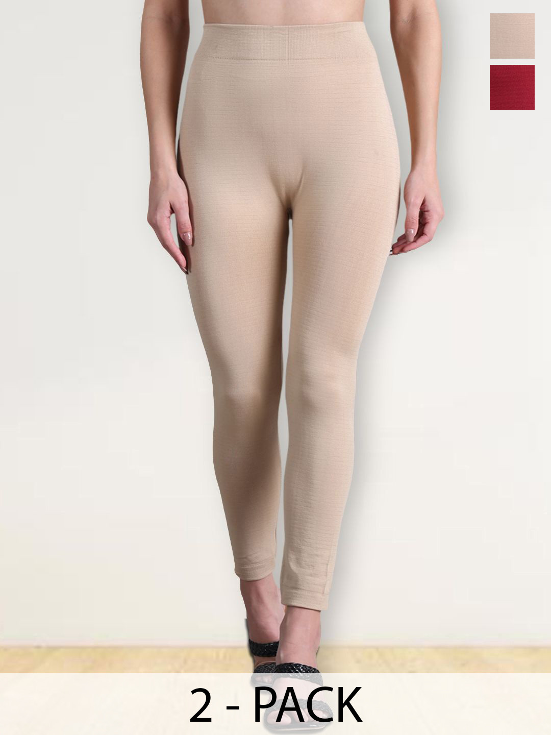 

Jinfo Women Pack Of 2 Mid-Rise Ankle-Length Winter Leggings, Beige