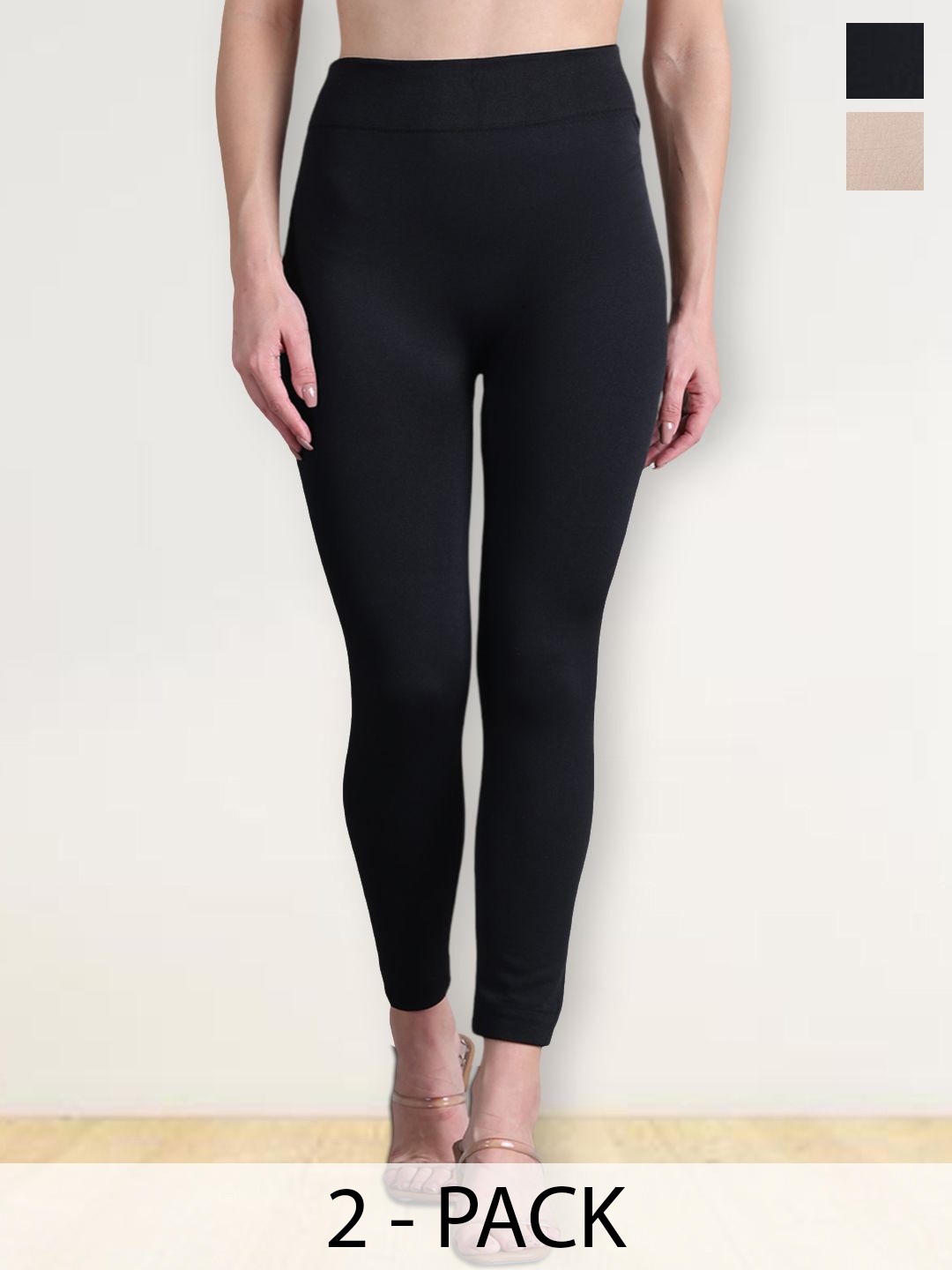 

Jinfo Women Pack Of 2 Mid Rise Ankle Length Slip On Thermal Leggings, Black