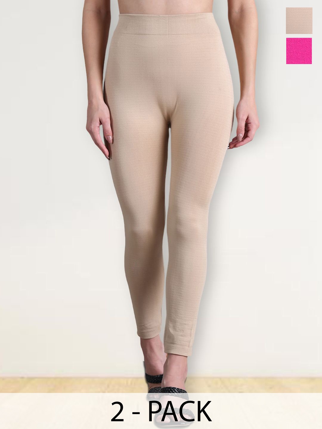 

Jinfo Women Pack Of 2 Ankle Length Slip On Winter Leggings, Pink