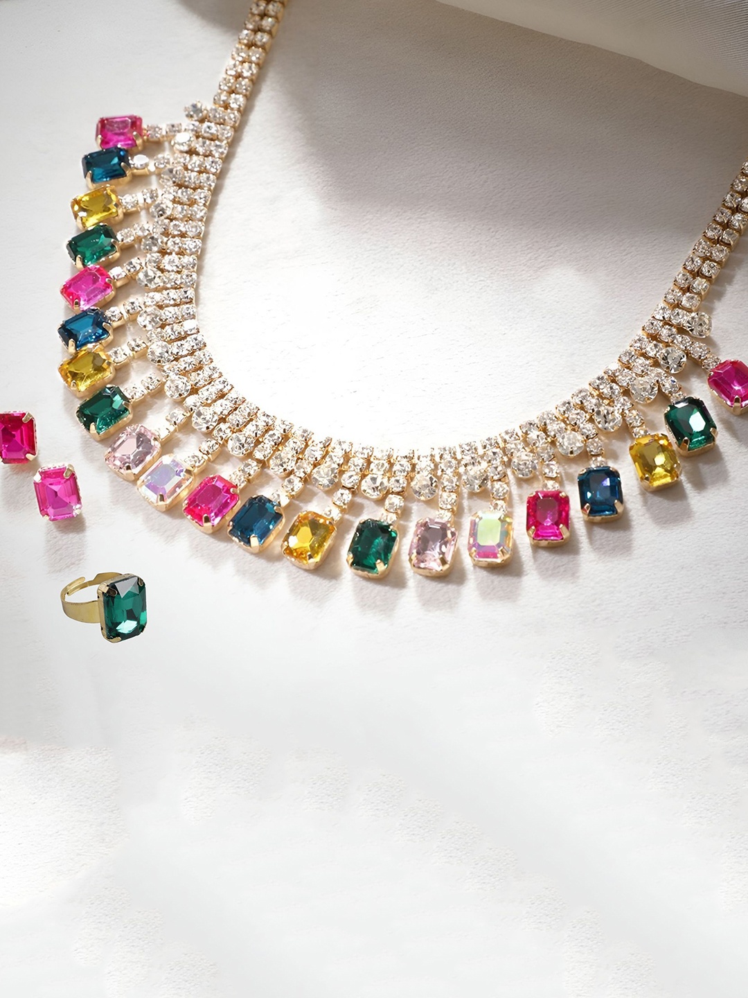 

ORANGENYSHA 18K Gold Plated Crystal AD Studded Necklace & Earrings With Finger Ring