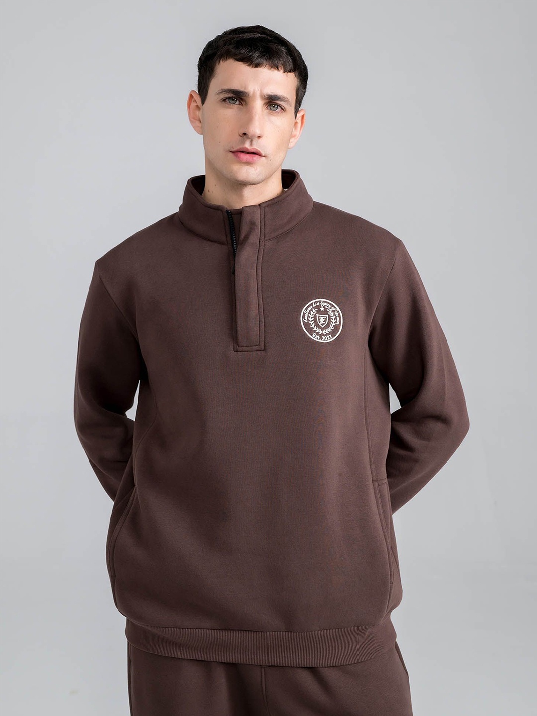 

EDRIO Men High Neck Cotton Half Zipper Sweatshirt, Brown