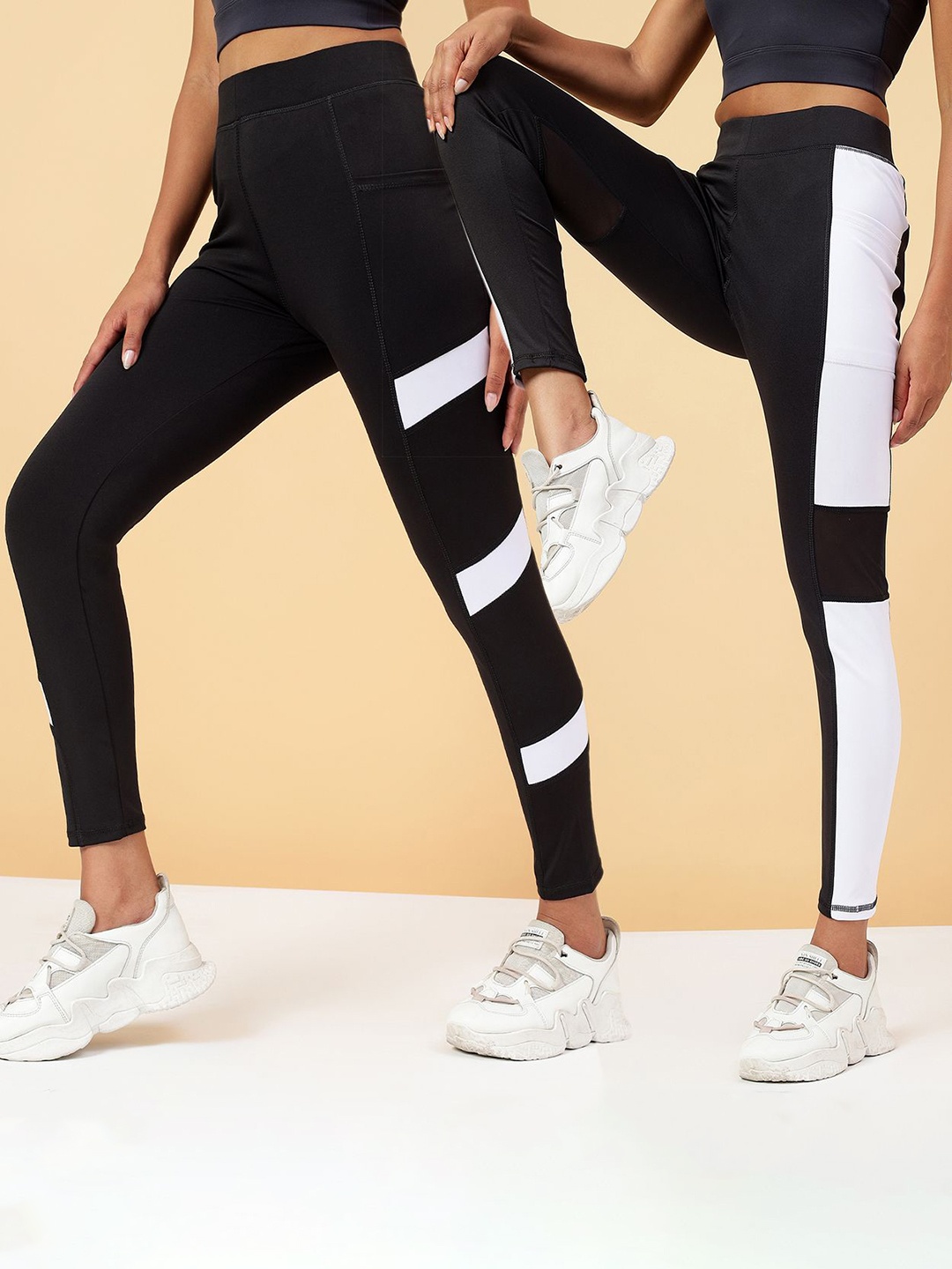

KRONMENINEN Pack Of 2 Striped 4Way Stretchable Skinny Fit Rapid Dry Ankle Length Tights, Black