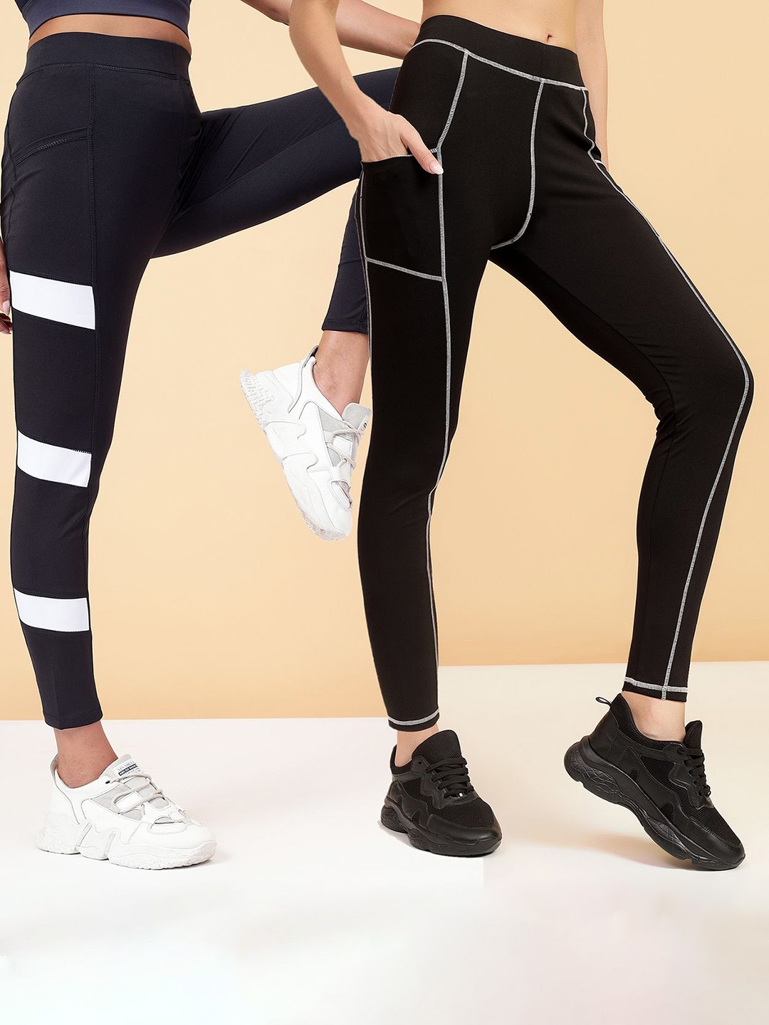 

KRONMENINEN Pack Of 2 Skinny-Fit Striped 4 Way Stretchable Ankle-LengthTights, Black