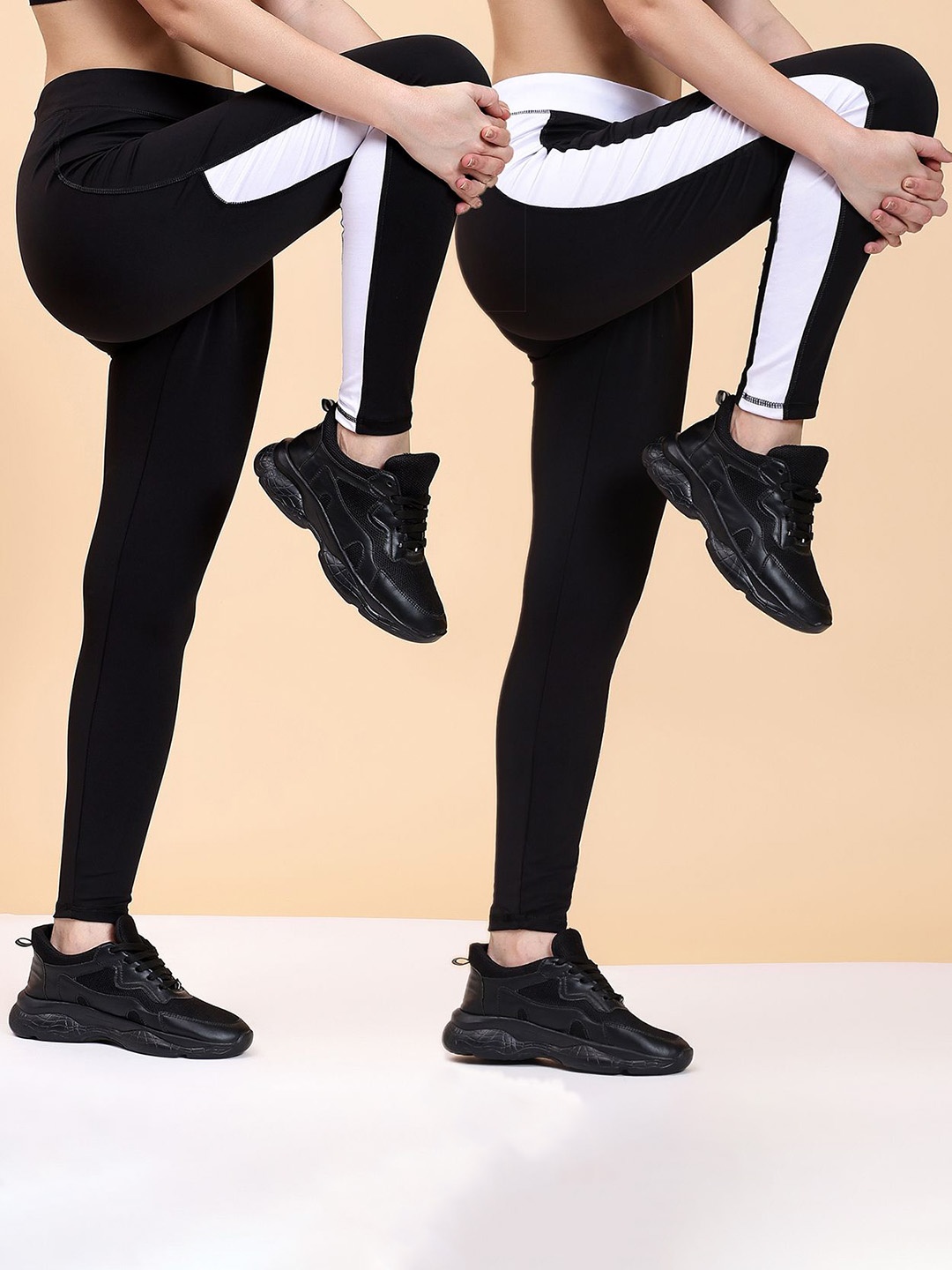 

KRONMENINEN Pack Of 2 Striped 4Way Stretchable Skinny Fit Rapid Dry Ankle Length Tights, Black