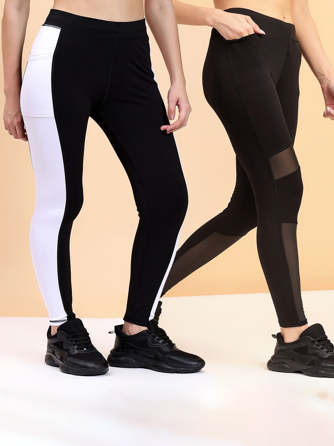 

KRONMENINEN Pack Of 2 Striped 4Way Stretchable Skinny Fit Rapid Dry Ankle Length Tights, Black
