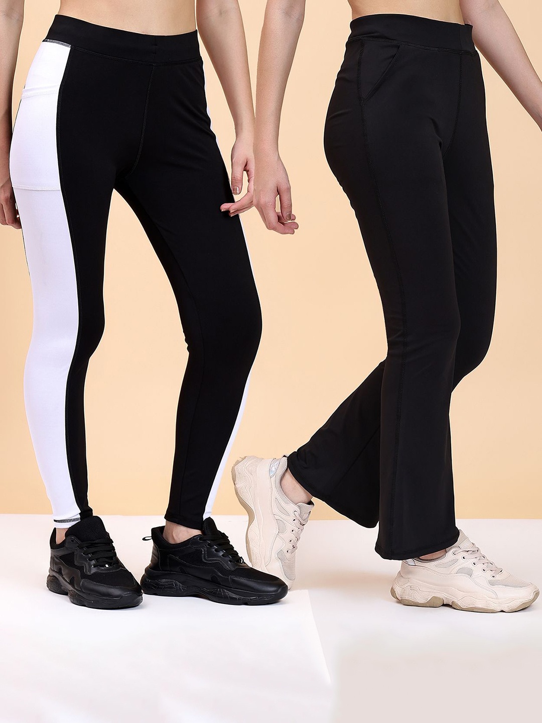 

KRONMENINEN Pack Of 2 Striped 4Way Stretchable Skinny Fit Rapid Dry Ankle Length Tights, Black