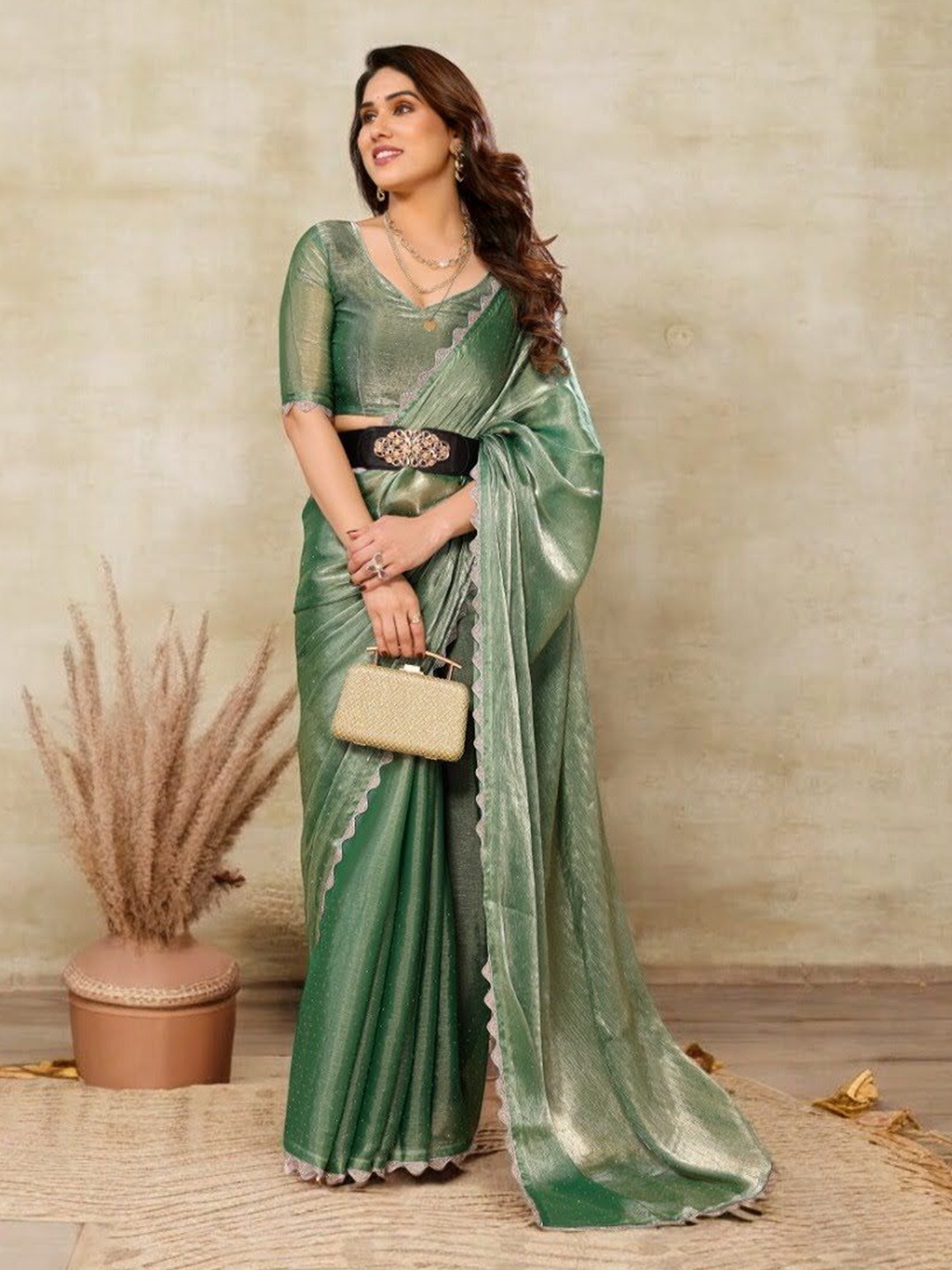 

Vipra Designer Embellished Beads and Stones Organza Saree, Sea green