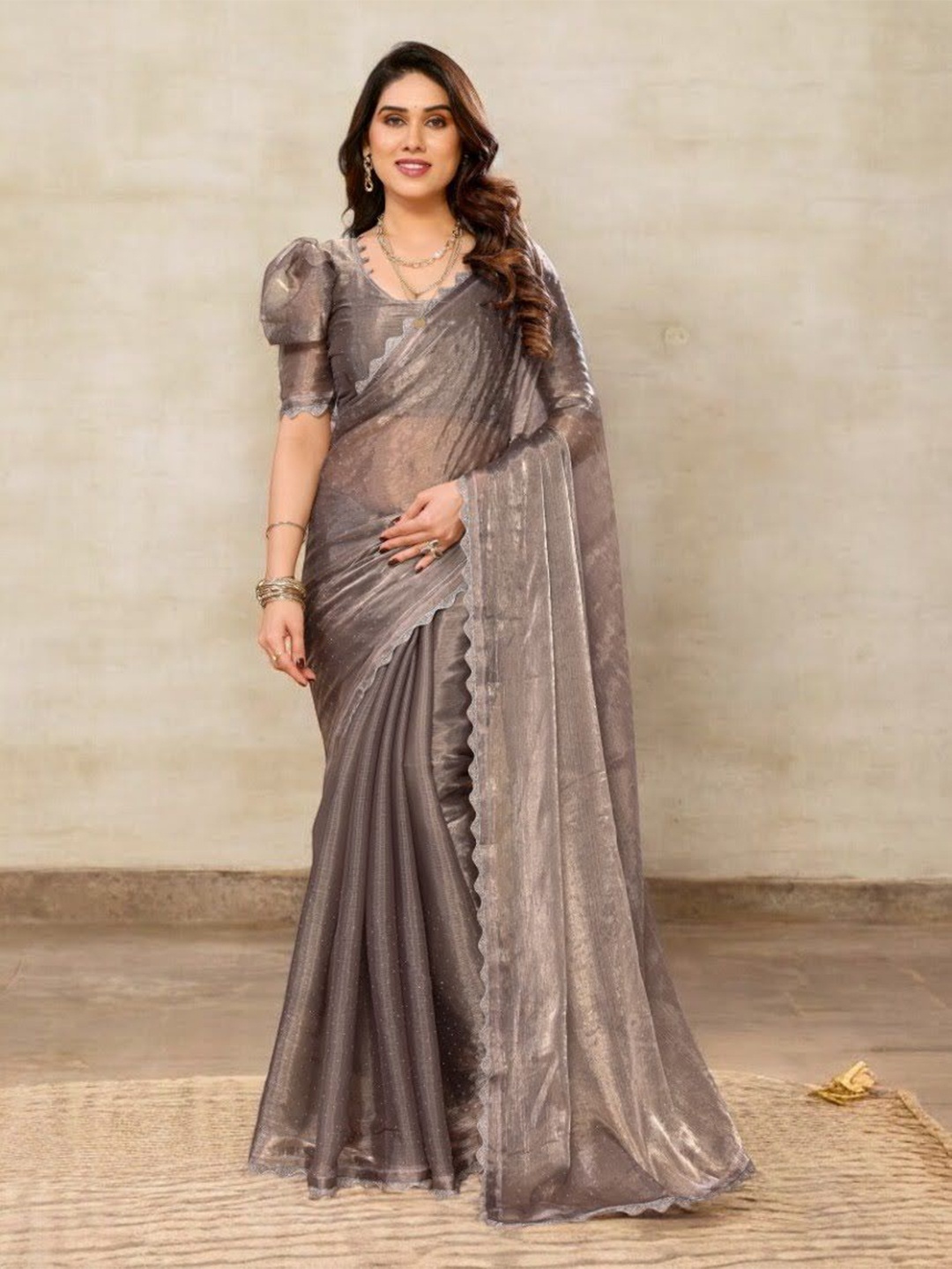 

Vipra Designer Ethnic Motifs Beads and Stones Organza Saree, Grey