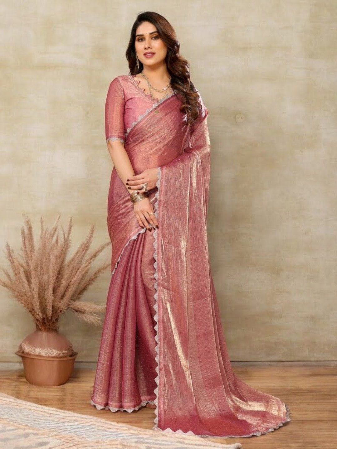

Vipra Designer Embellished Beads and Stones Organza Saree, Pink