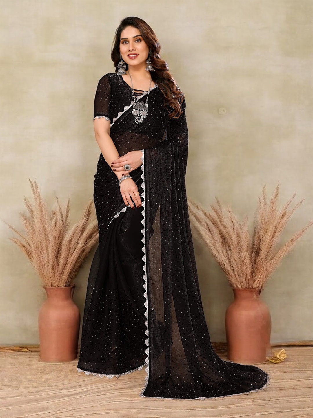 

Vipra Designer Embellished Beads and Stones Organza Saree, Black