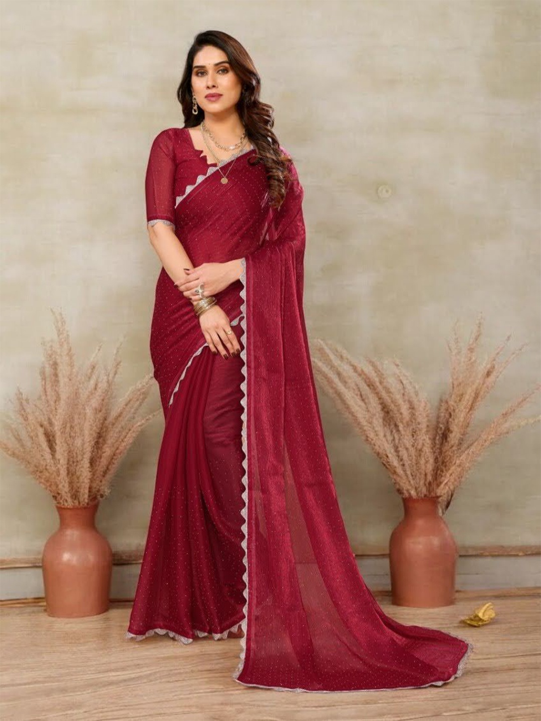 

Vipra Designer Embellished Beads and Stones Organza Saree, Maroon