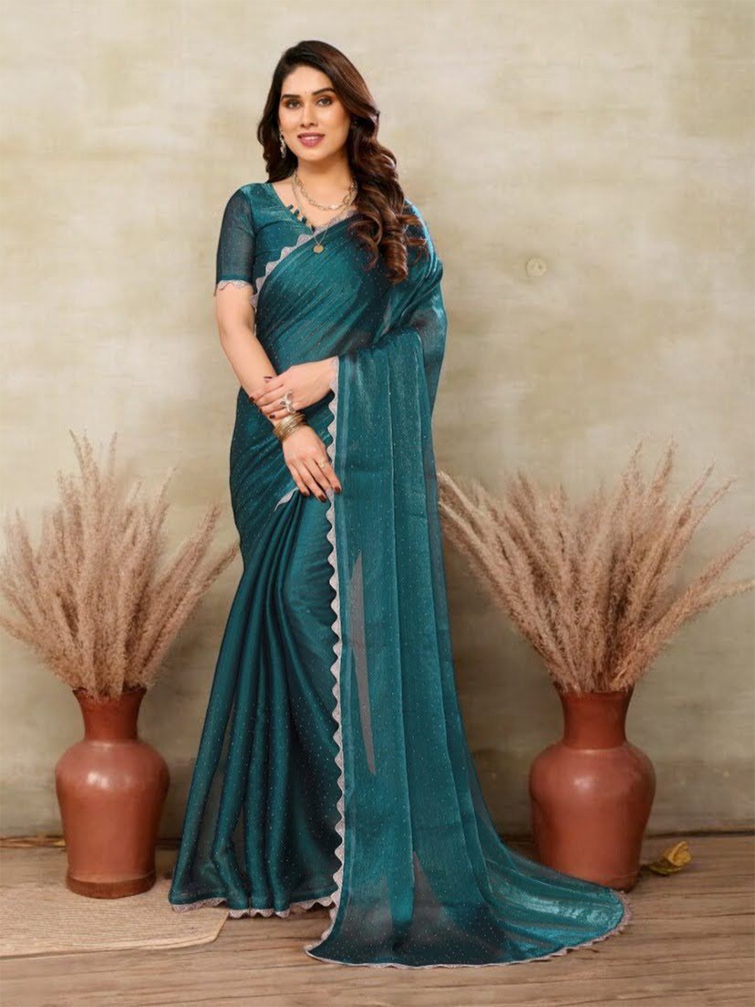 

Vipra Designer Embellished Beads and Stones Organza Saree, Blue