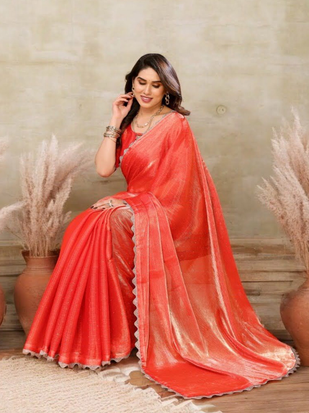 

Vipra Designer Embellished Beads and Stones Organza Saree, Orange