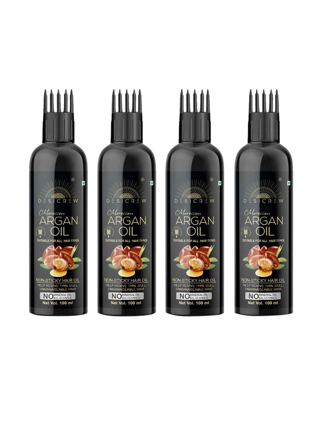 

Desi Crew Set Of 4 Moroccan 100% Pure & Natural Argan Oil For Hair & Skin - 100 ml Each, Black