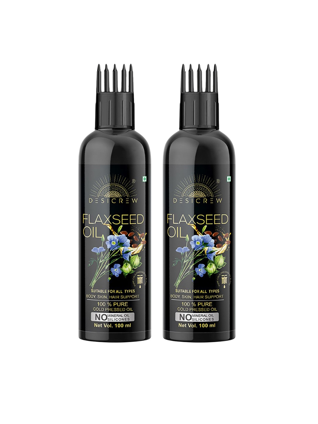 

Desi Crew Set Of 2 100% Pure & Natural Flaxseed Oil For Hair & Skin - 100 ml Each, Black